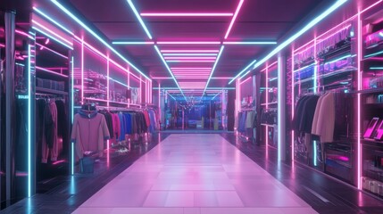 Fototapeta premium A neon pink and blue clothing store with a long hallway