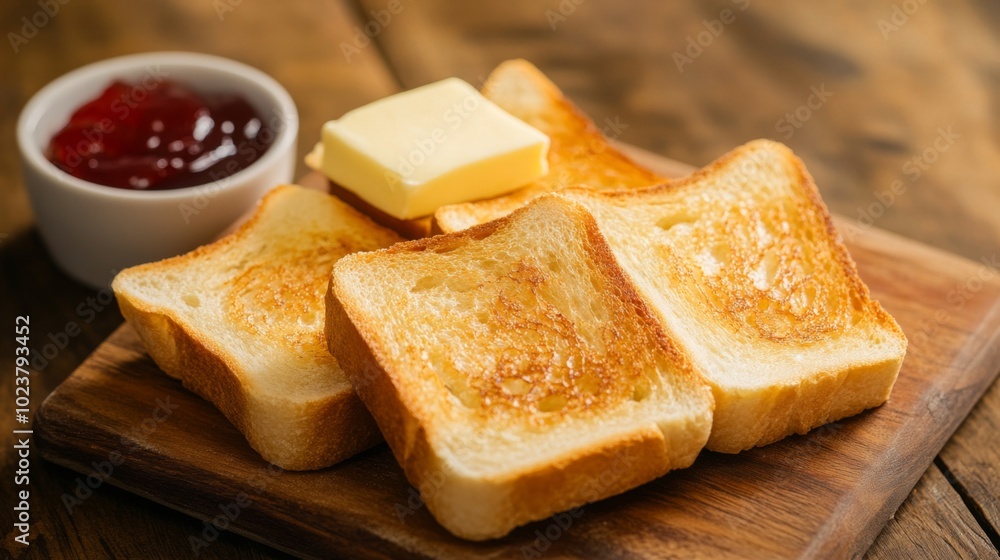 Poster golden toast with butter and jam on wooden table