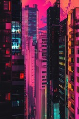 Obraz premium Geometric arrangement of synthwave skyscrapers, showcasing a vibrant color palette.