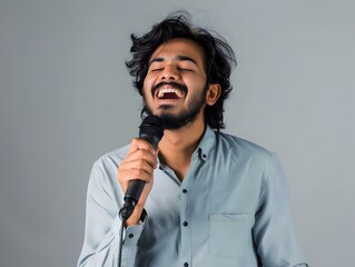Portrait of a smiling indian man in his 30s dancing and singing song in microphone isolated in light wood minimalistic setup