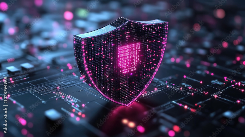 Poster a glowing digital shield represents cybersecurity while resting on a circuit board filled with vibra