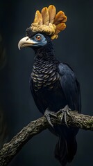 Fototapeta premium Northern Helmeted Curassow Perched on a Branch on a Black Background, Realistic Photo, Standard Background, Wallpaper, Cover and Screen for Smartphone, PC, Laptop, 9:16 and 16:9 Format