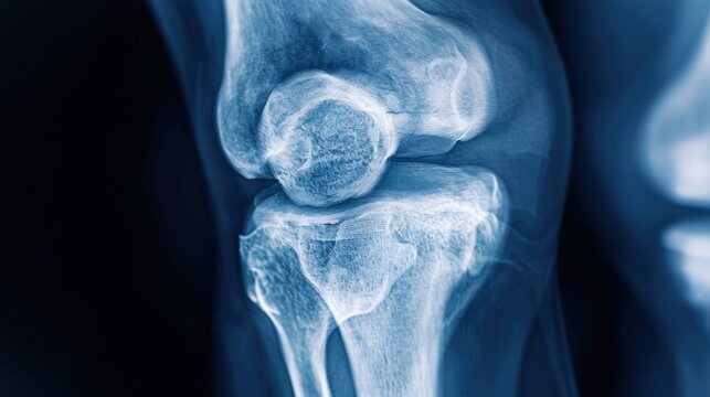 A high-resolution X-ray image of a human knee joint, highlighting the intricate details of the bone structure and surrounding tissues, perfect for medical, healthcare, and educational purposes