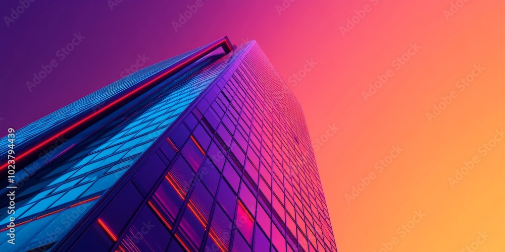 Poster isolated synthwave skyscraper with a vibrant color palette, set against a blank background.