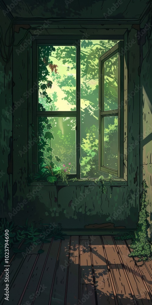 Poster a window in a room with a view of trees. the room is dark and the window is open, letting in sunligh