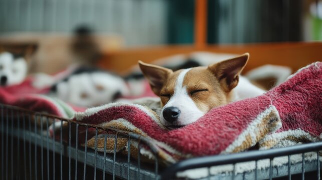 A small dog enjoys a peaceful nap on a warm blanket in a comfortable kennel environment