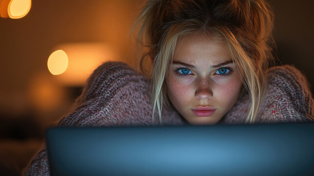 A young woman gazes intently at her laptop screen, surrounded by warm lighting in a cozy space during the evening