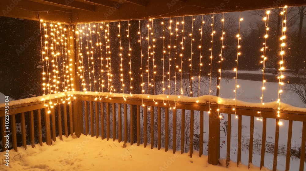 Poster charming winter scene with twinkling string lights