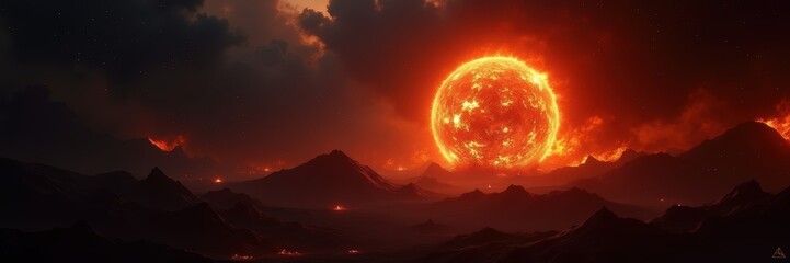 A stunning view of a fiery sun setting over volcanic mountains, creating a dramatic and otherworldly landscape perfect for science fiction or nature-themed projects.