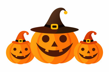 Halloween Jack o Lantern. Carved pumpkin with funny smiling faces in witch black hat. Set of vector illustration isolated on white background.  cute spooky orange cartoon party decor sticker.