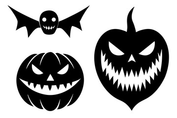 Scary Monster Faces Set. Jack O Lantern Face Halloween Pumpkin Icon Collection. Simple Creepy Horror Illustrations.