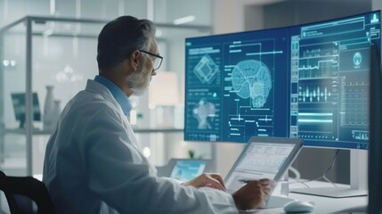 A doctor wearing virtual reality goggles interacts with a digital anatomy screen, utilizing advanced technology for medical visualization and diagnostics