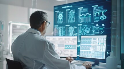 A doctor wearing virtual reality goggles interacts with a digital anatomy screen, utilizing advanced technology for medical visualization and diagnostics