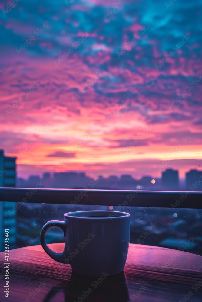 Poster morning routine essentials merged with vibrant sky.