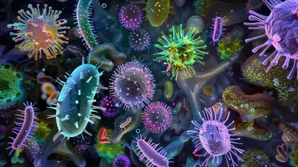 Naklejka premium A highly detailed and colorful microscopic view of viruses and bacteria, showing intricate textures and vibrant patterns, emphasizing the complexity of microorganisms