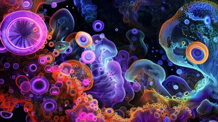 Obraz premium A highly detailed and colorful microscopic view of viruses and bacteria, showing intricate textures and vibrant patterns, emphasizing the complexity of microorganisms