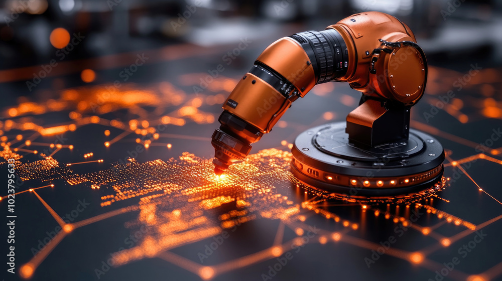 Poster a robotic arm skillfully creates complex circuit designs on a workstation filled with advanced techn