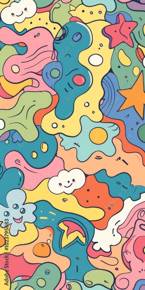 Poster a vibrant and playful abstract doodle pattern featuring whimsical shapes and characters in a variety