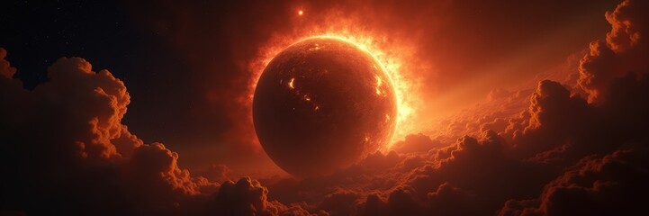 A stunning celestial view capturing an eclipse, surrounded by dramatic clouds and fiery hues. Perfect for astronomy, space-themed projects, or visual storytelling.