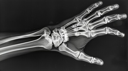 Naklejka premium A detailed X-ray scan displaying the bones of a human hand and wrist, showing clear skeletal structure against a dark background