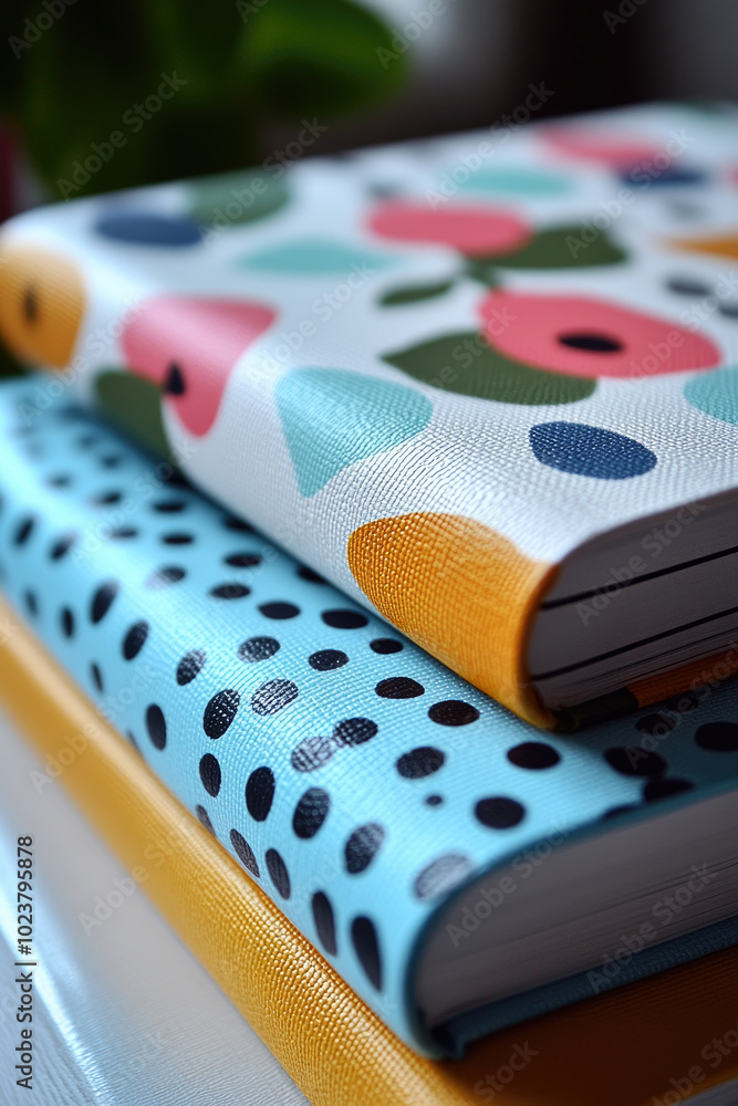 Poster brightly colored notebooks with various patterns are stacked together on a table, complemented by lu