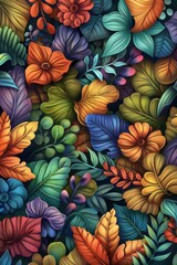 Fototapeta premium A vivid and colorful abstract floral pattern featuring a variety of leaves and flowers in a modern artistic style.