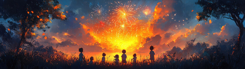 A group of children stands in silhouette, captivated by a dazzling fireworks show illuminating the twilight sky as the sun sets