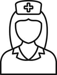 Simple line drawing of a female healthcare professional wearing medical scrubs and a nurse hat with a cross