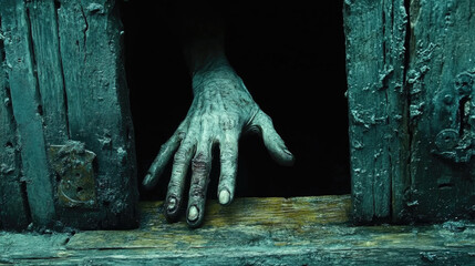A gnarled hand reaches out through a dusty window frame, hinting at a mysterious presence in the dim, abandoned structure