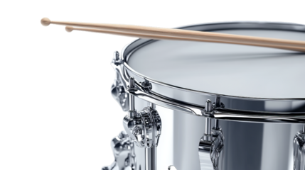 Silver Chrome Snare Drum with Sticks, Instrument on White Background