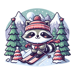 Funny raccoon skiing in winter forest. Winter sport, ski, spruce and fir trees. Christmas  holiday for happy an sportif raccoon. Png isolated clipart, sticker, t-shirt design, mug sublimation