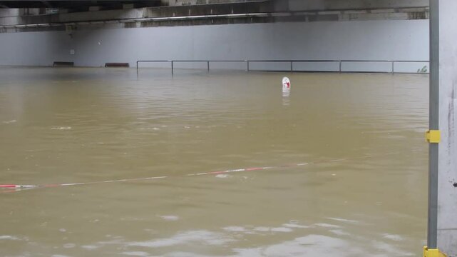a flooded roadway in the city during a flood