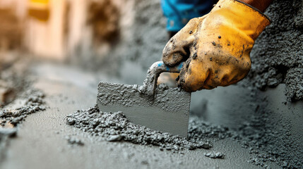 A worker in gloves meticulously smooths freshly applied cement on a wall, showcasing skilled craftsmanship at a construction site