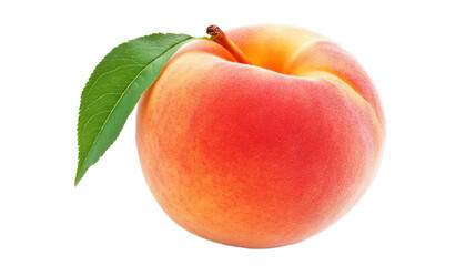 Single peach fruit with leaf isolated on white background
