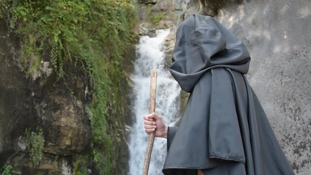 a monk in a black robe with a staff walks past