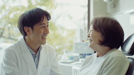 Obraz premium 高齢女性に口腔ケアを指導する日本人歯科医師