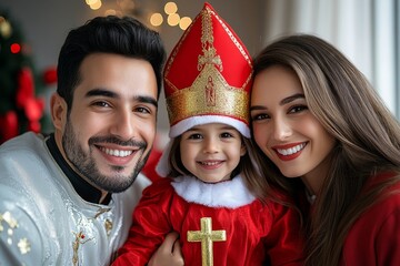 Happy Family Celebrating St. Nicholas Day at Home with Smiling Child in Red Costume and Festive Decorations