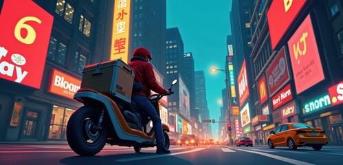 A vibrant cityscape featuring a delivery rider on a scooter, illuminated by neon signage, capturing the hustle of urban life and modern delivery services.