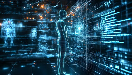 Hologram projection on a digital screen with different data and parameters.