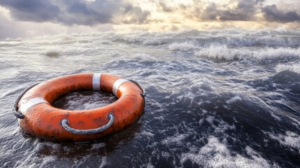Orange Life Preserver Adrift Among Stormy Ocean Waves at Sunset, Hope and Rescue Concept