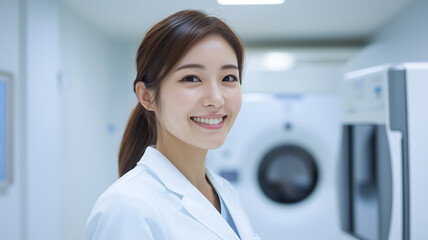 レントゲン室で患者を案内する日本人女性技師