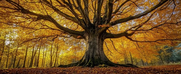 Majestic Tree with Golden Leaves in an Autumnal Forest