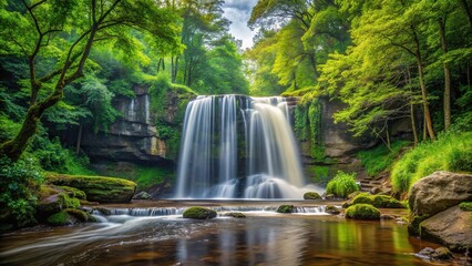 Minimalist enchanted oasis in deep forest waterfall