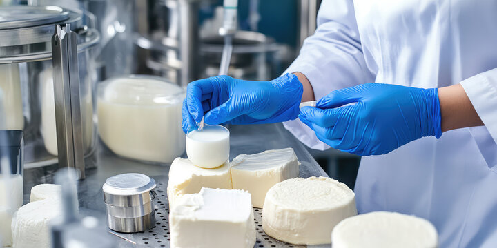 Food scientist hands in blue gloves testing milk samples of dairy products in laboratory. Dairy factory or plant, quality control - Powered by Adobe