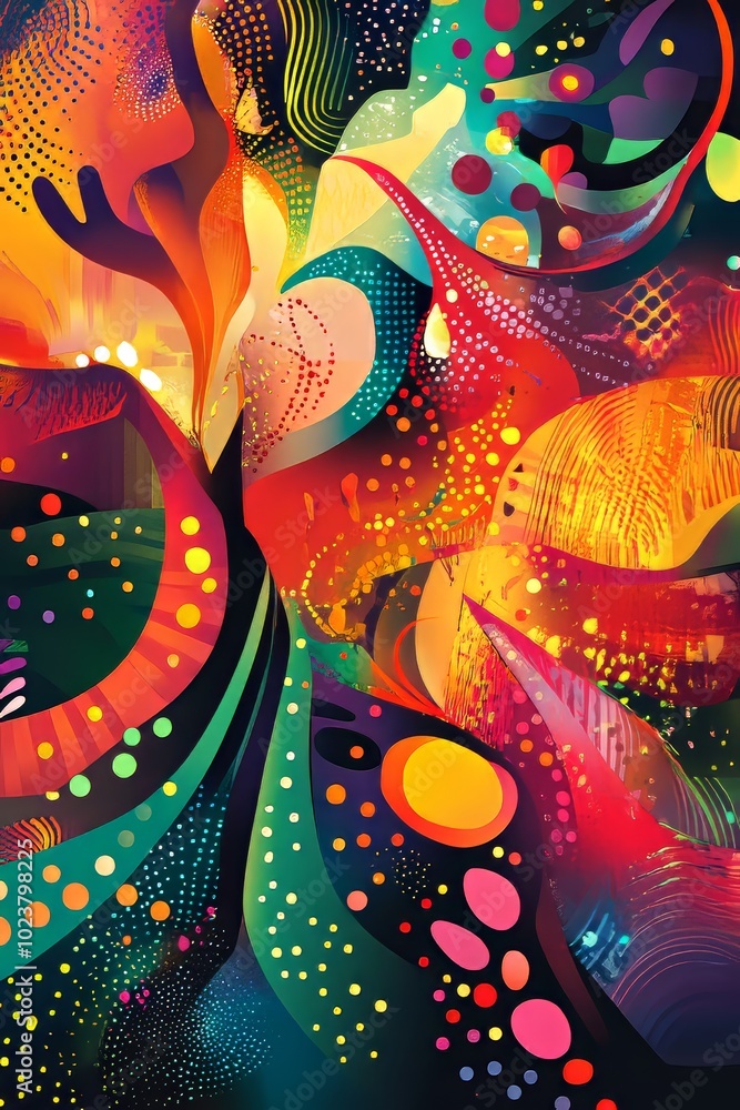 Poster A vivid and dynamic abstract artwork featuring colorful geometric shapes and intricate patterns, perfect for modern design projects.