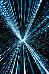 Abstract image of blue fibre optic cables glowing in the dark, symbolizing fast data transfer, digital networks, and high-speed internet technology. Generative AI