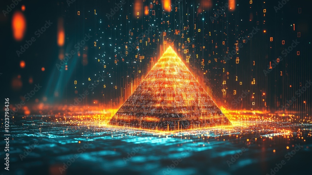 Poster glowing pyramid with digital elements in abstract scene