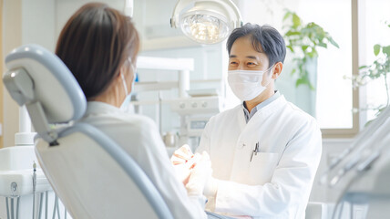 高齢女性を治療する日本人歯科医師