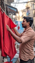 Obraz premium A man is standing in front of red hanging on wooden racks, in an Indian textile mill