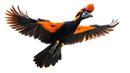 Obraz premium Northern Helmeted Curassow Flying on White Background, Photo Realistic, Standard Background, Wallpaper, Cover and Screen of Smartphone, PC, Laptop, 9:16 and 16:9 Format